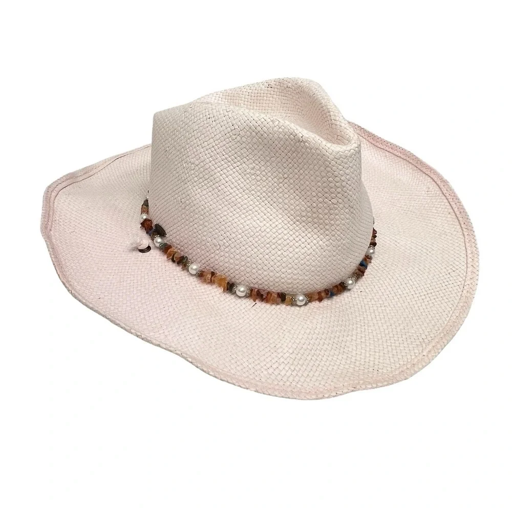 Scala Women's Pink Cowgirl Western Straw Hat Pearls & Stones & Wire Brim Sz S/M
